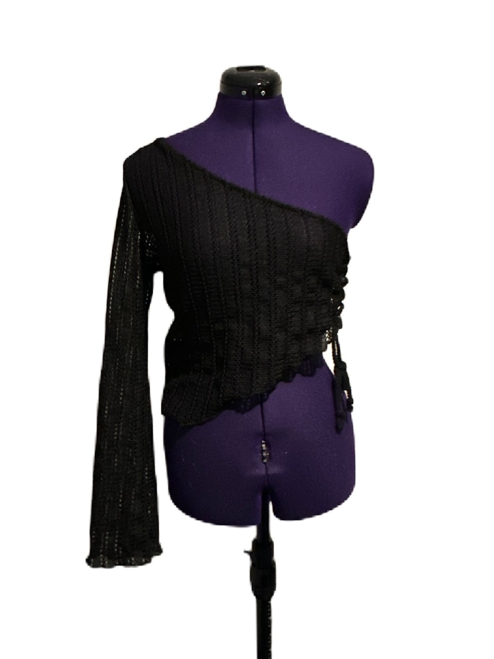 Black Mesh One Shoulder Long Sleeve Top